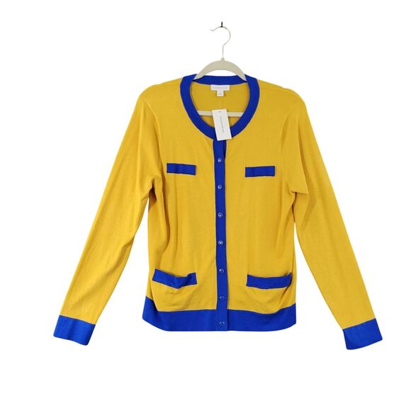 NWT Charter Club Yellow Blue Letterman-Style Preppy Academia Cardigan SIZE LARGE - Picture 1 of 12